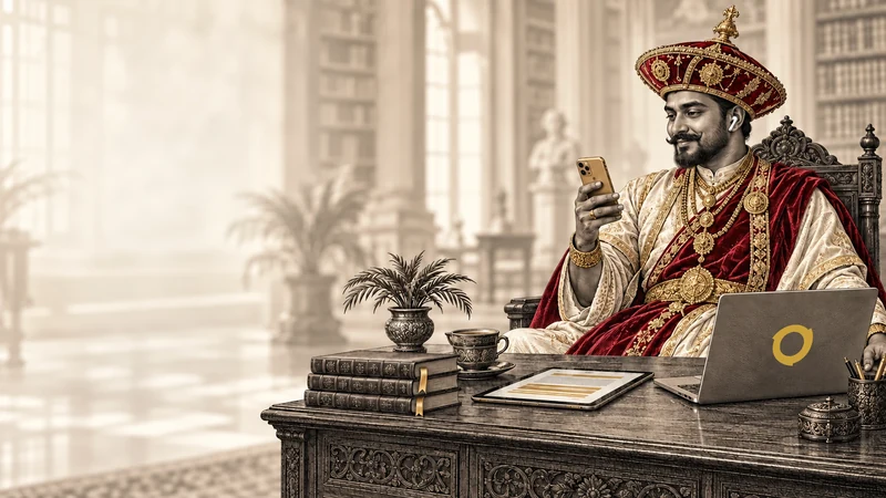 An editorial engraving of a Kandyan chief using a phone and a Chambers laptop at a carved desk.