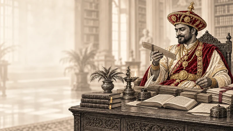 An editorial engraving of a Kandyan chief reading palm-leaf manuscripts at a carved desk.