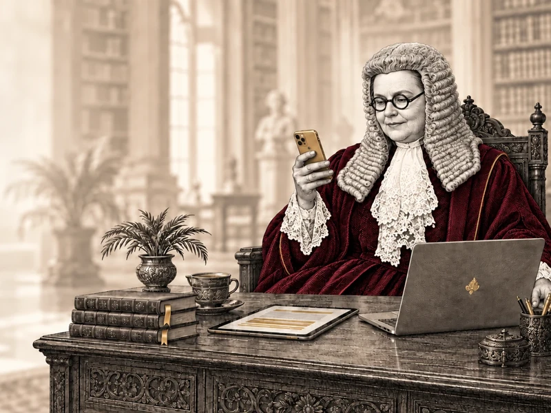 Editorial engraving of a barrister using modern research tools at a carved desk in a law library.