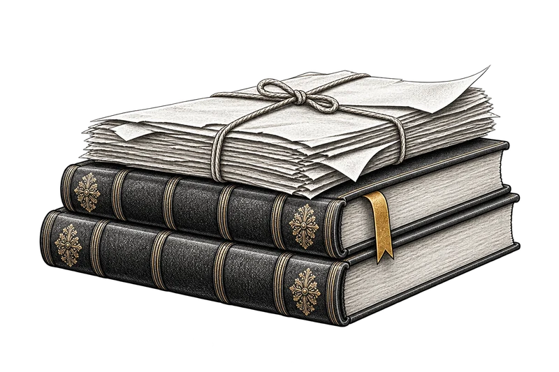 Engraved law reports and a case bundle, with a gold ribbon marking a passage.