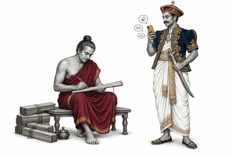 A Sri Lankan palm-leaf scribe beside a figure using a phone, in a hand-coloured engraving.