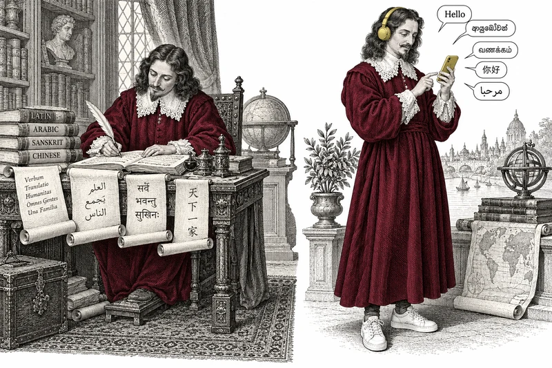 An engraved comparison of a translator writing by hand and using modern language tools.