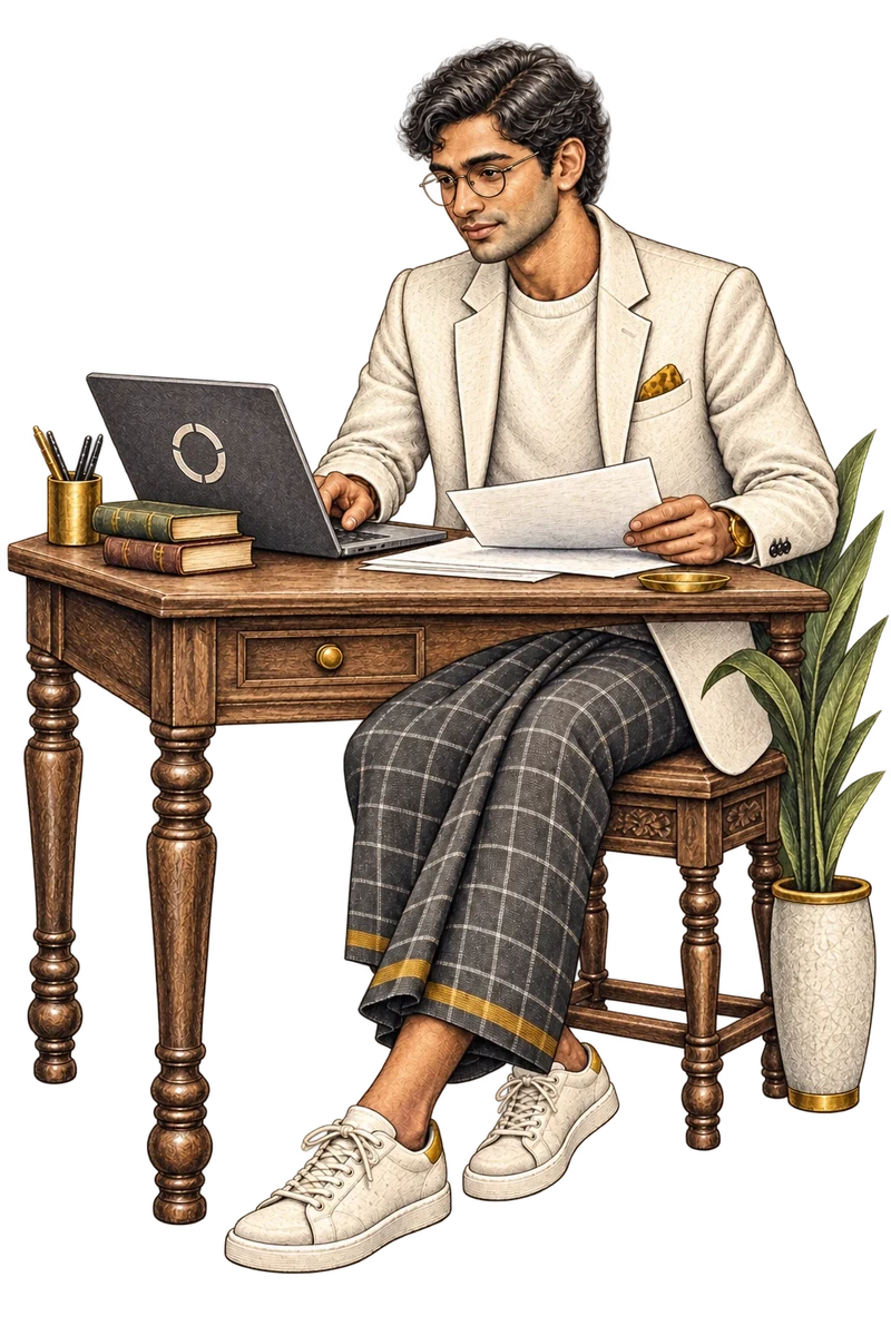 An illustrated translator reviewing a paper document beside a laptop at a carved wooden desk.