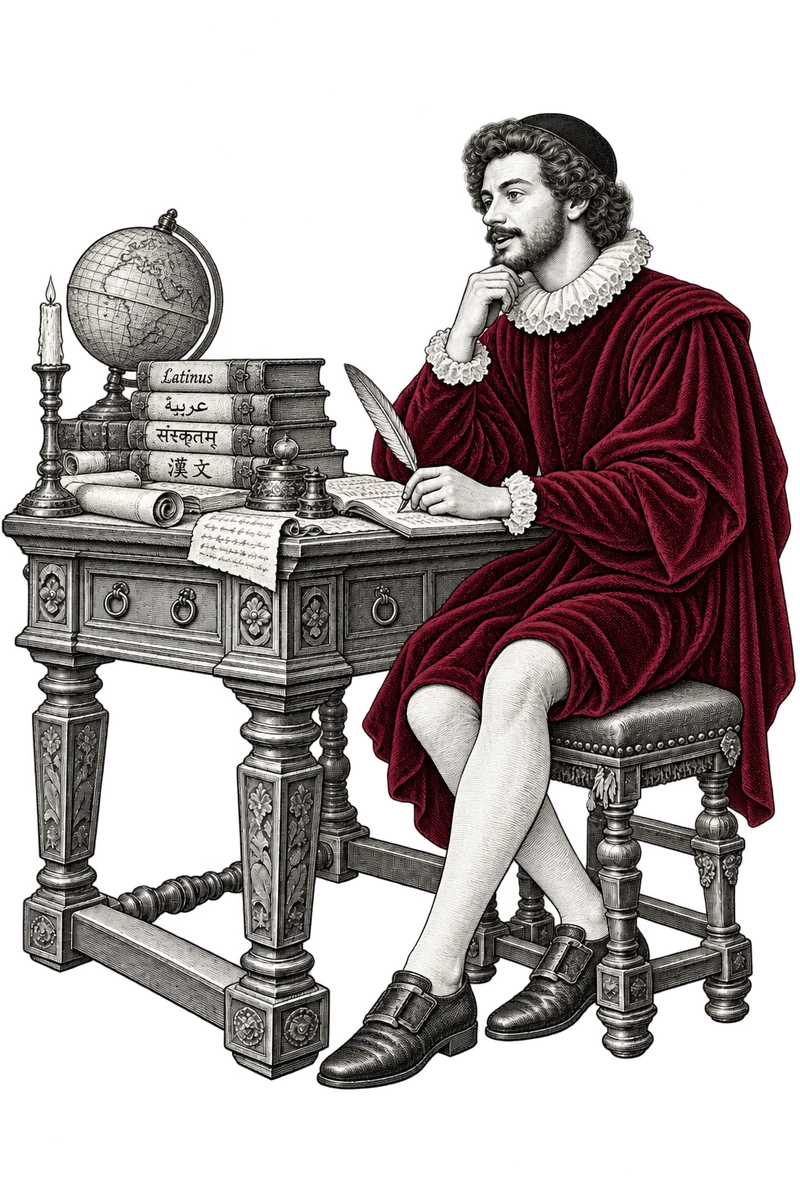 An engraved translator in a burgundy robe studies a manuscript at a carved desk, with language books, a globe and a quill.