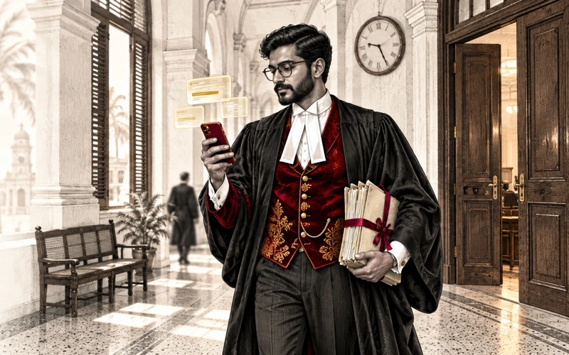 Editorial illustration of a young Sri Lankan lawyer consulting a phone while holding case files in a court corridor.