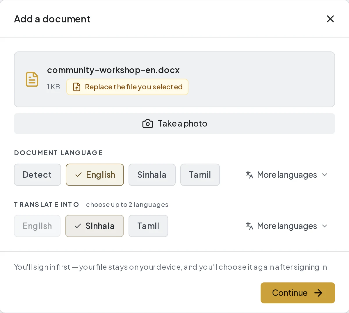 Translate document upload screen showing a sample community workshop document and language choices.